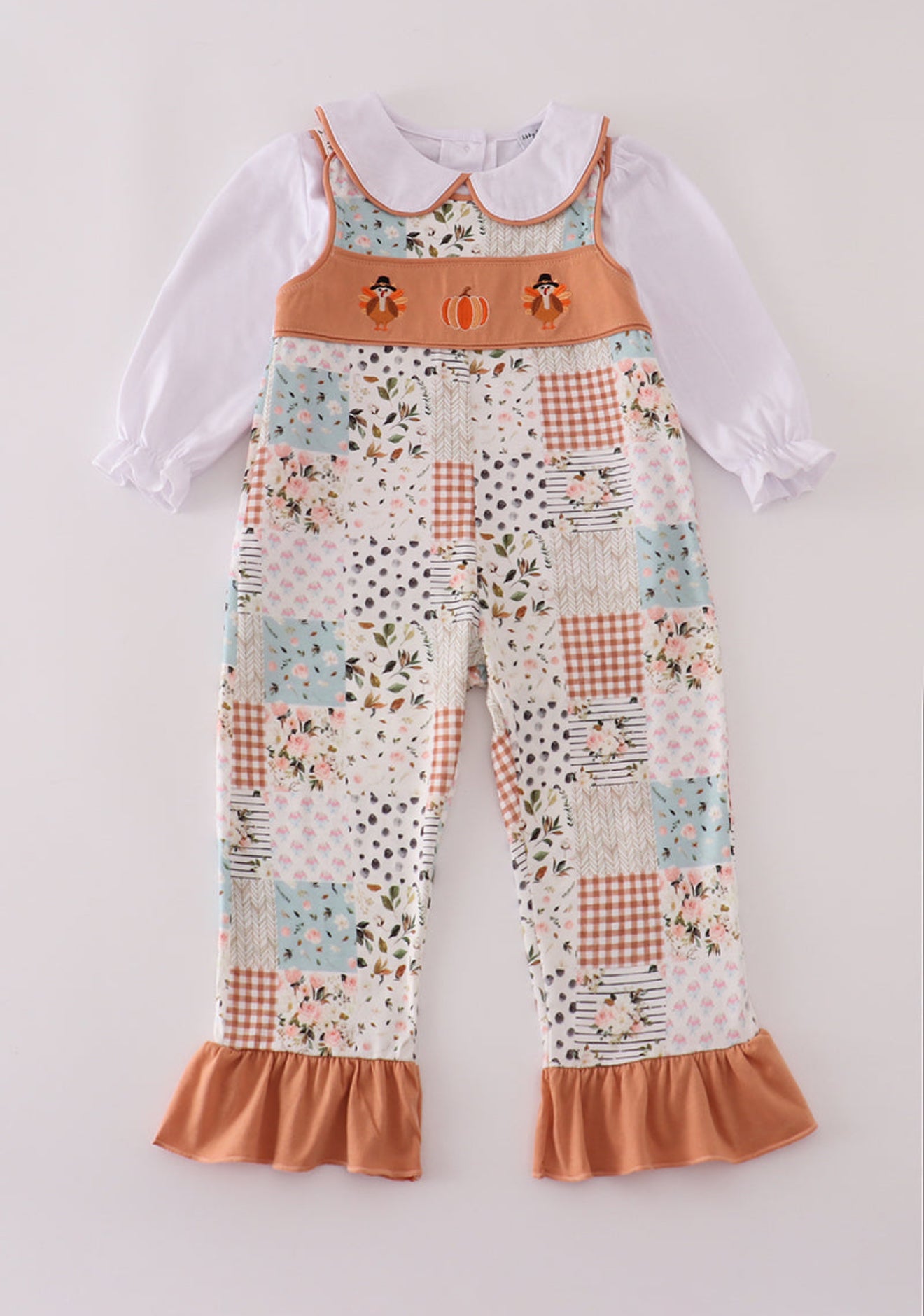 Fall floral print turkey pumpkin embroidery 2pc set