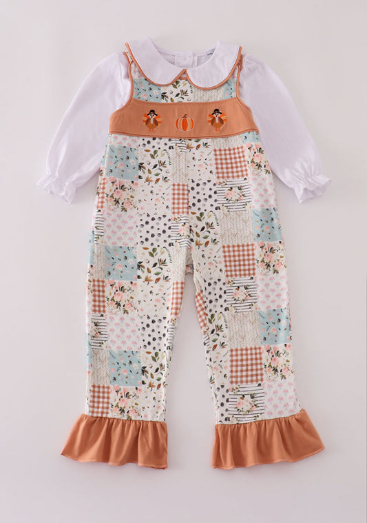 Fall floral print turkey pumpkin embroidery 2pc set