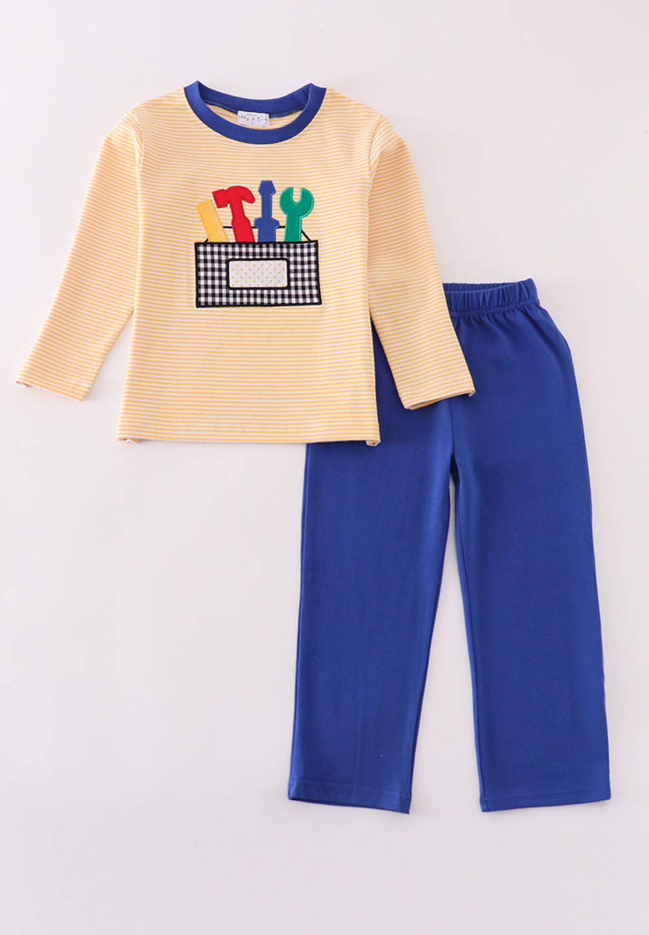 Premium mustard stripe tools applique boy set