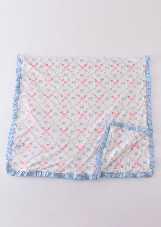 Blue bow lattice print  blanket - One Size