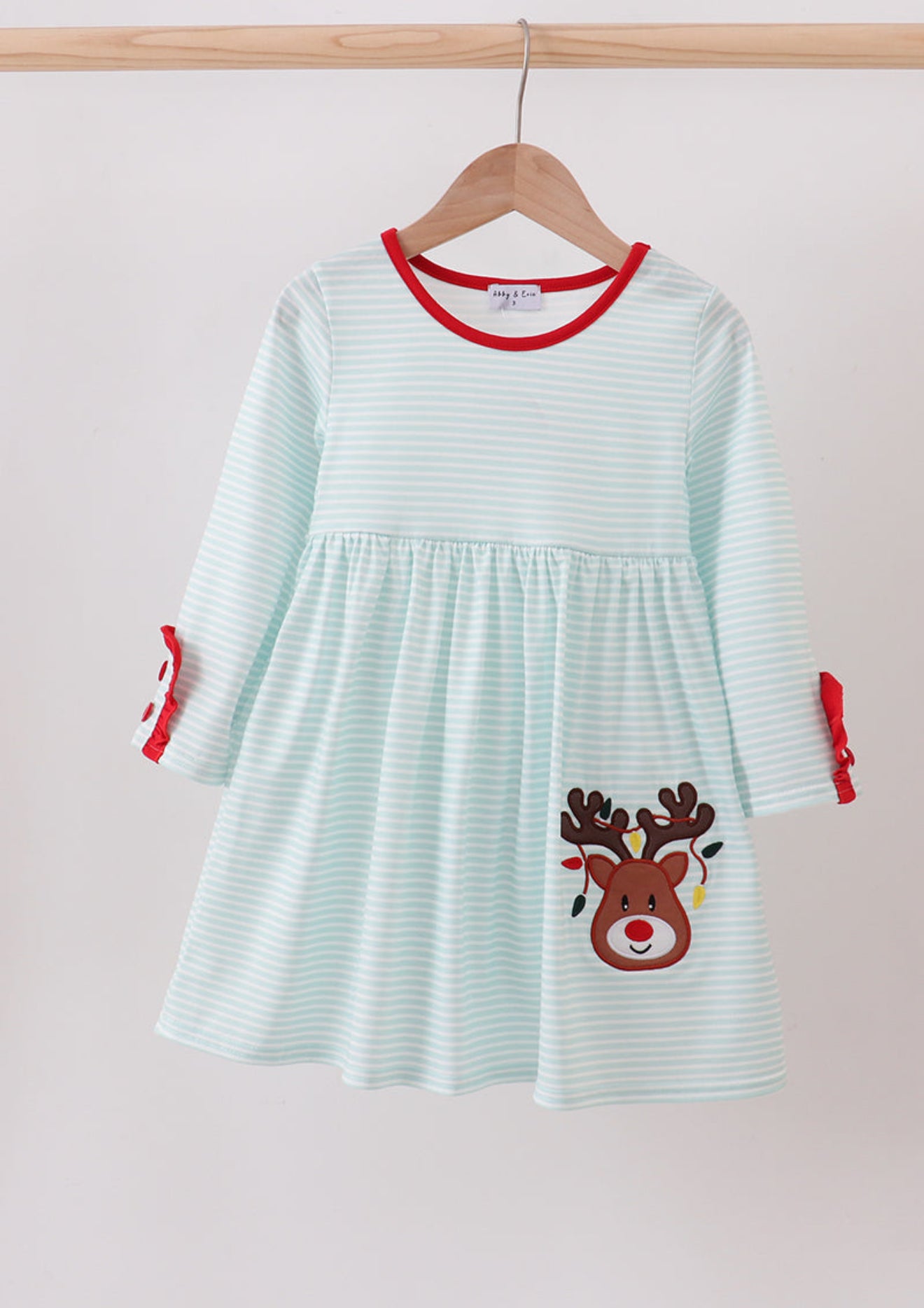 Blue reindeer applique stripe dress