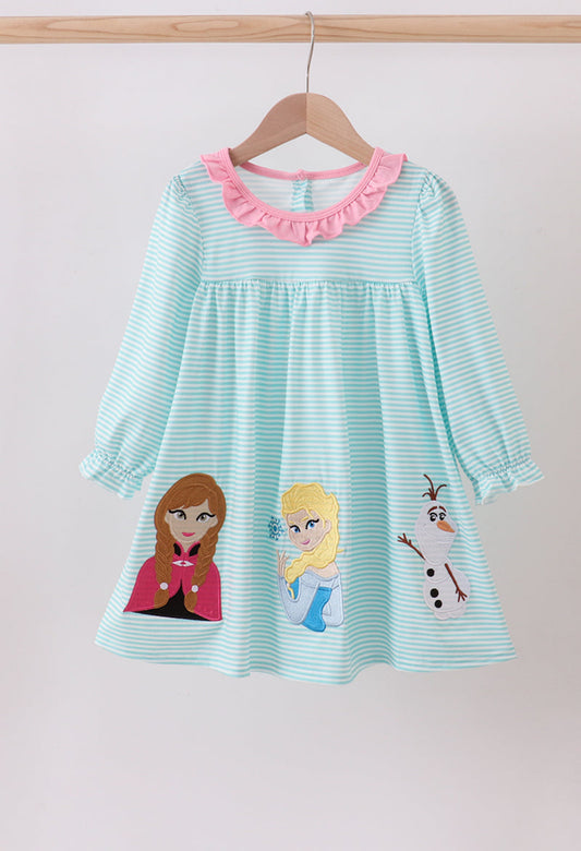 Blue character embroidery ruffle dress
