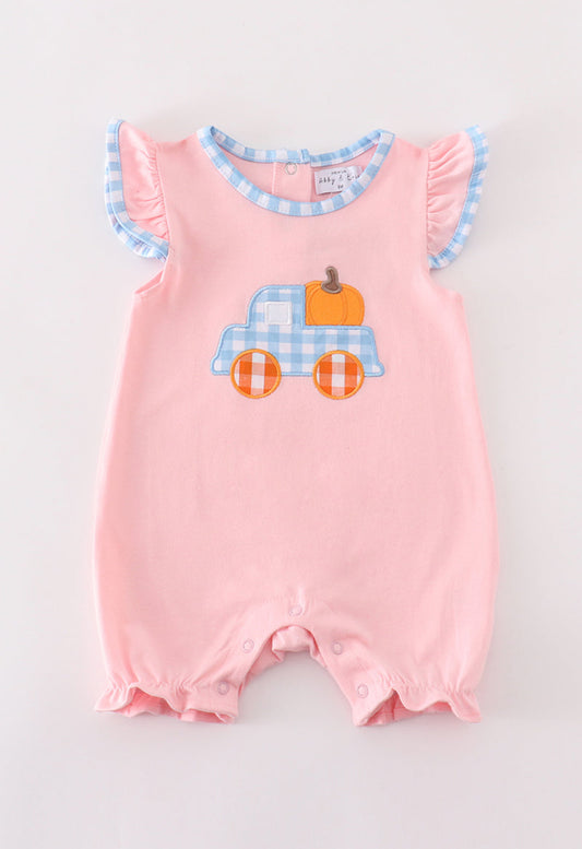 Pink truck pumpkin embroidery girl romper