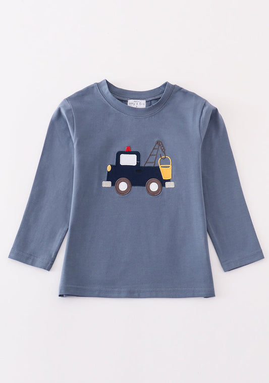 Premium Blue tractor applique boy top