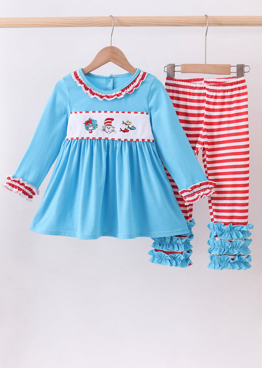 Blue character embroidery pants set