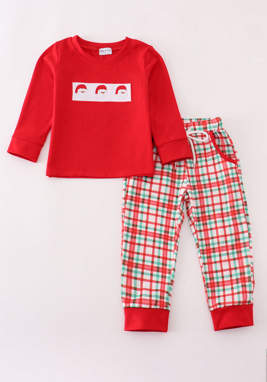 Red santa claus embroidery plaid pants set