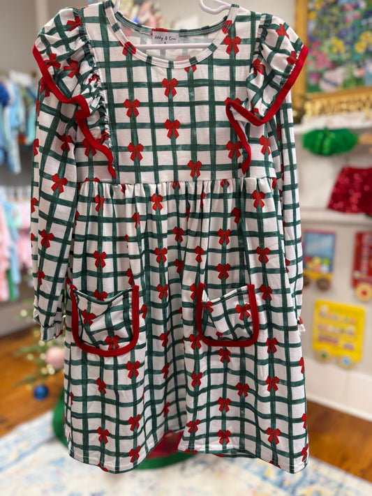Green bow plaid ruffle dress