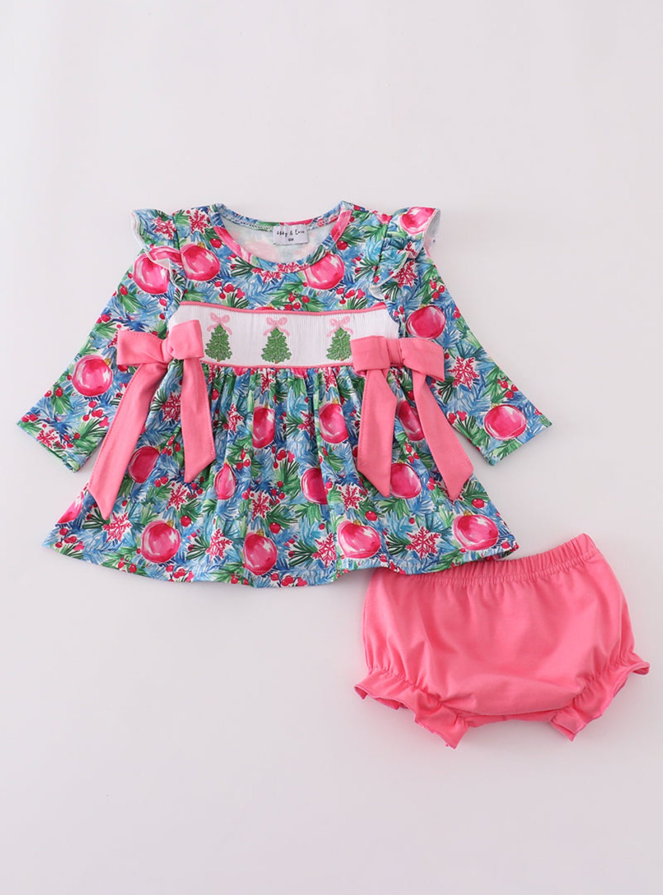 Blue christmas tree smocked ruffle bloomer set