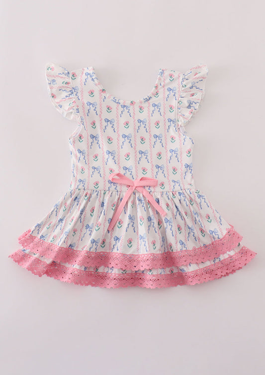 Bow floral lace ruffle leotard