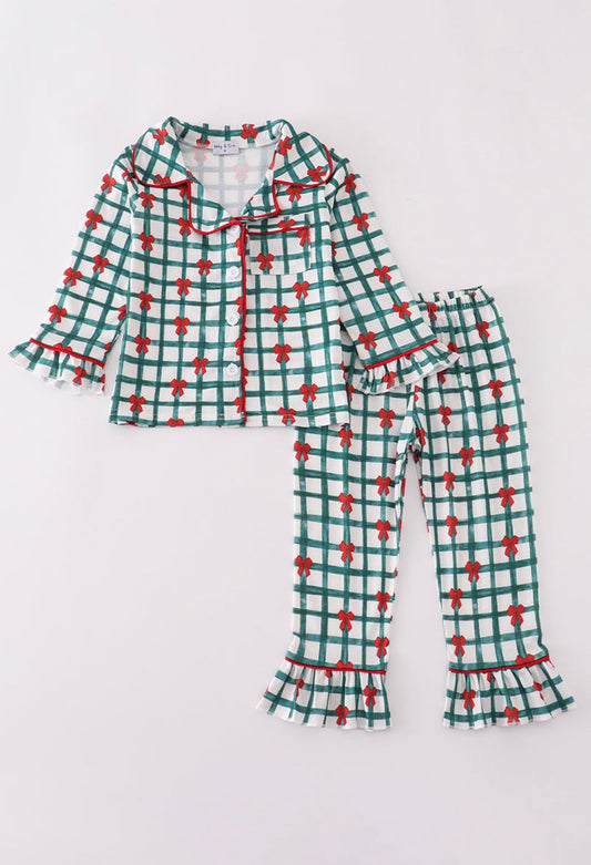 Green bow plaid ruffle pajamas set