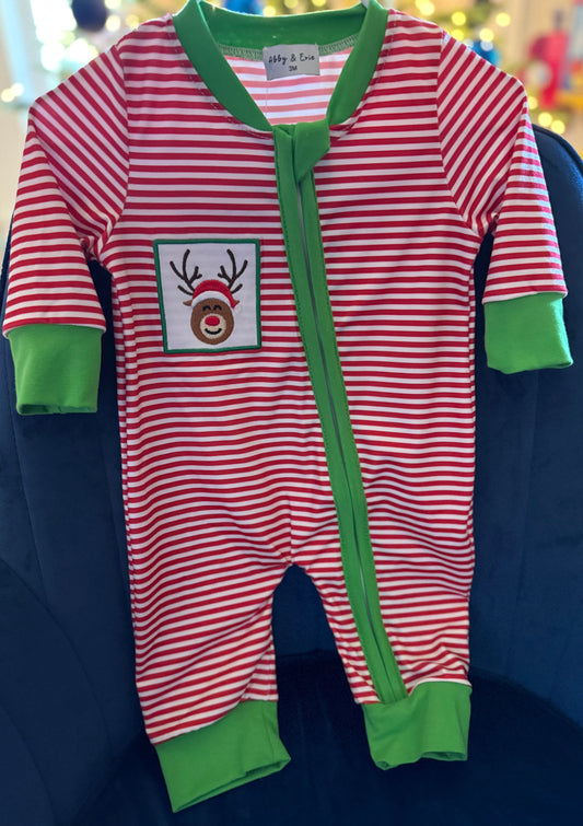 Red stripe christmas reindeer embroidery boy romper