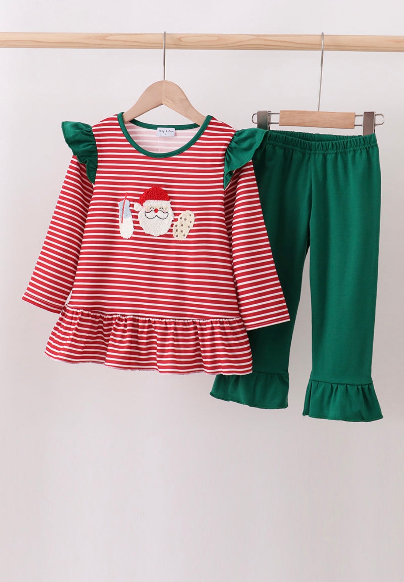 Red stripe santa milk biscuit french knot ruffle pants set