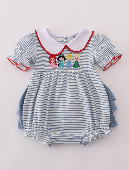 Blue princess embroidery stripe ruffle bubble