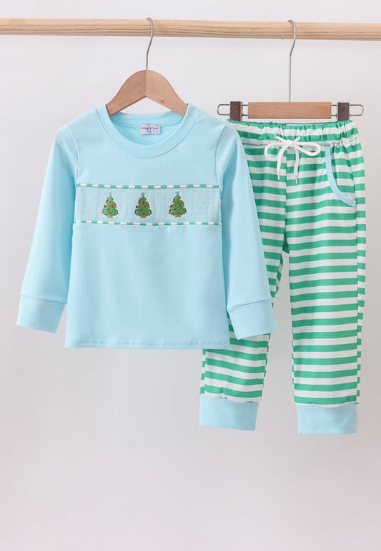 Blue christmas tree smocked stripe pants set
