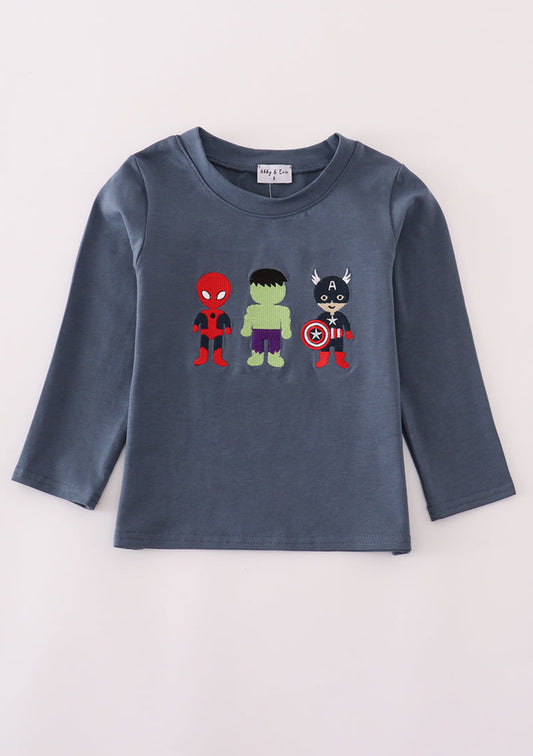 Navy character embroidery top