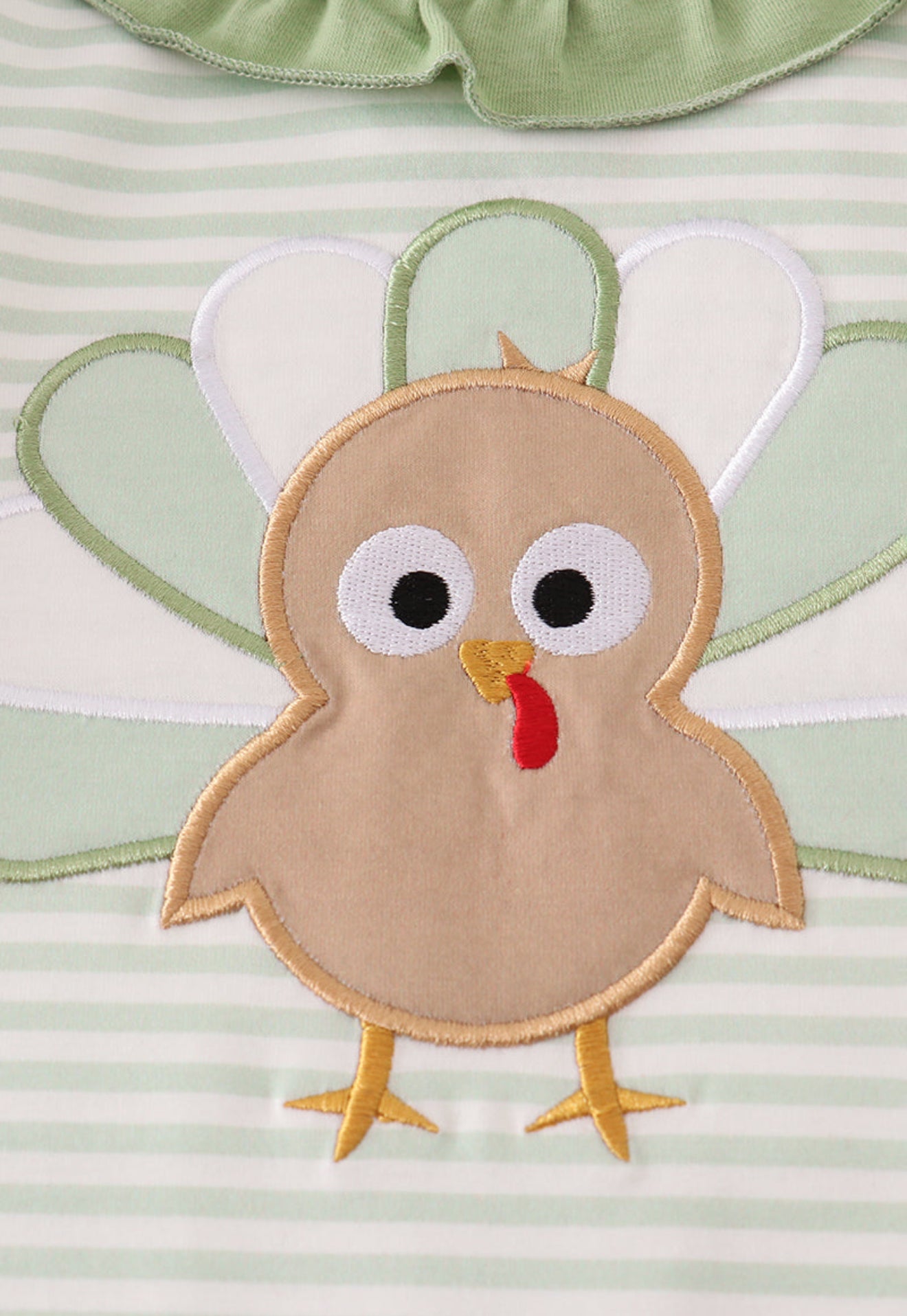 Sage turkey applique stripe ruffle romper