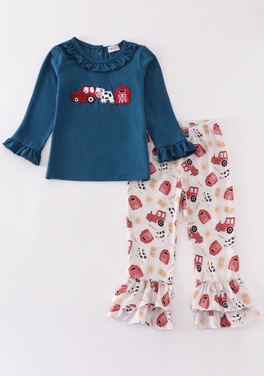 Navy farm french knot girl set