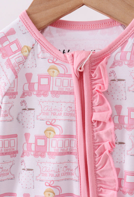 Pink train bamboo pajamas zipper romper