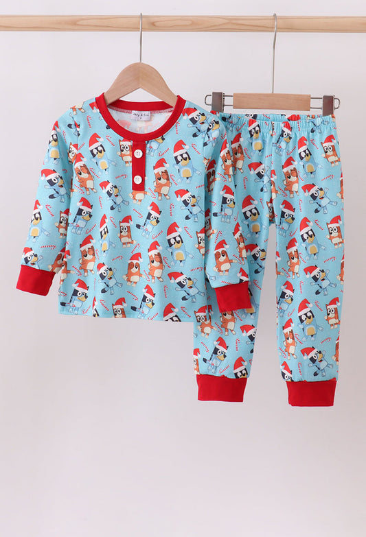 Blue Christmas character print pajamas set