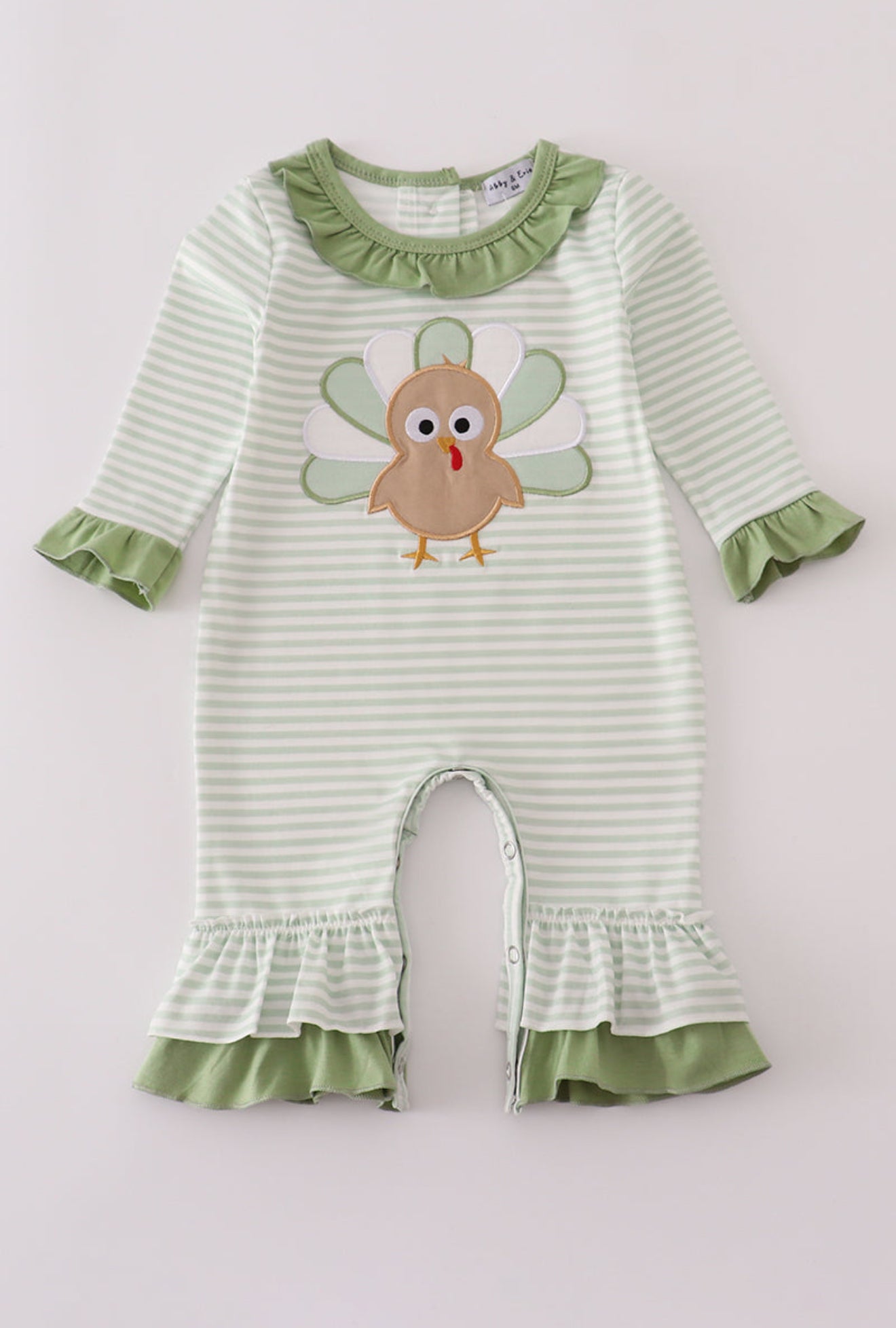 Sage turkey applique stripe ruffle romper