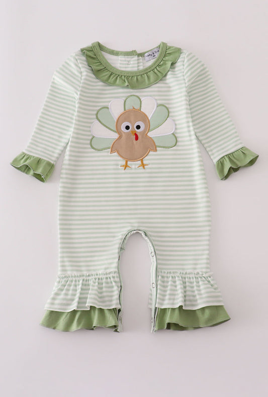 Sage turkey applique stripe ruffle romper