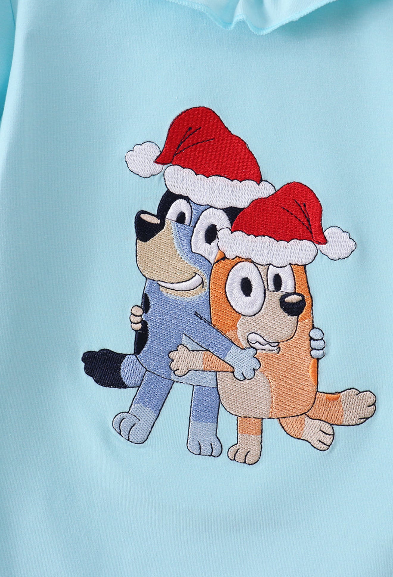 Blue Christmas character embroidery ruffle pants set