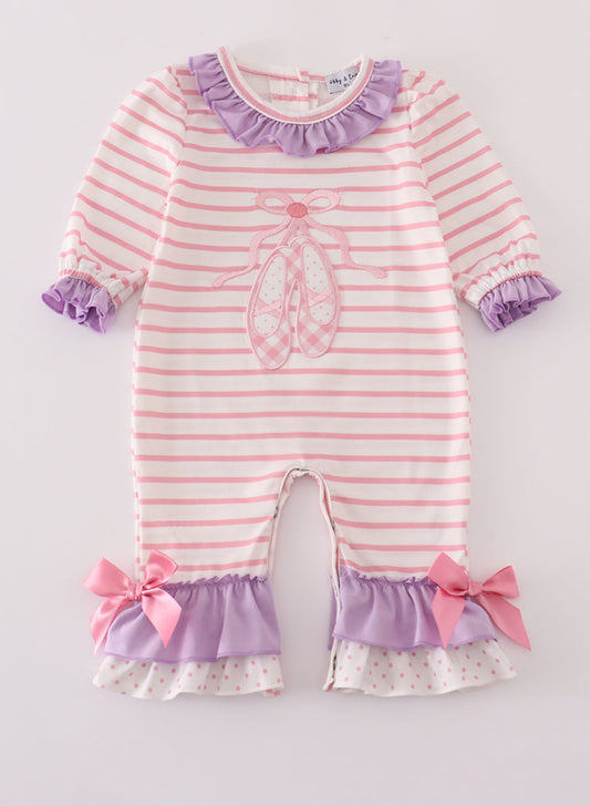 Purple ballet shoes embroidery ruffle stripe romper