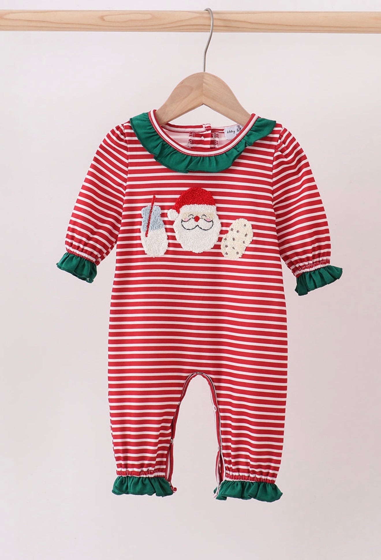 Red stripe santa milk biscuit french knot ruffle romper