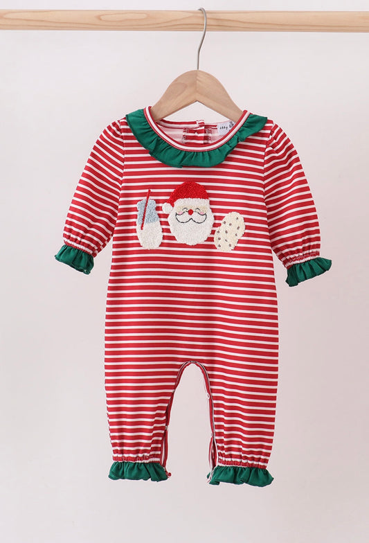 Red stripe santa milk biscuit french knot ruffle romper