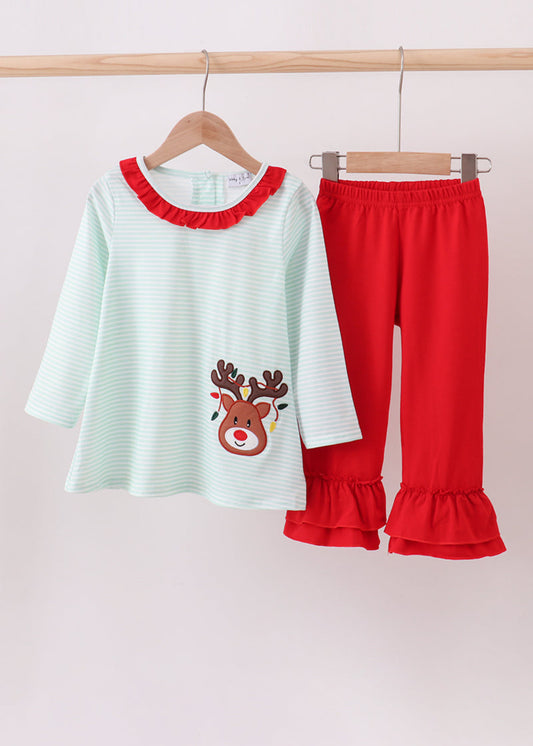 Blue reindeer applique stripe ruffle pants set