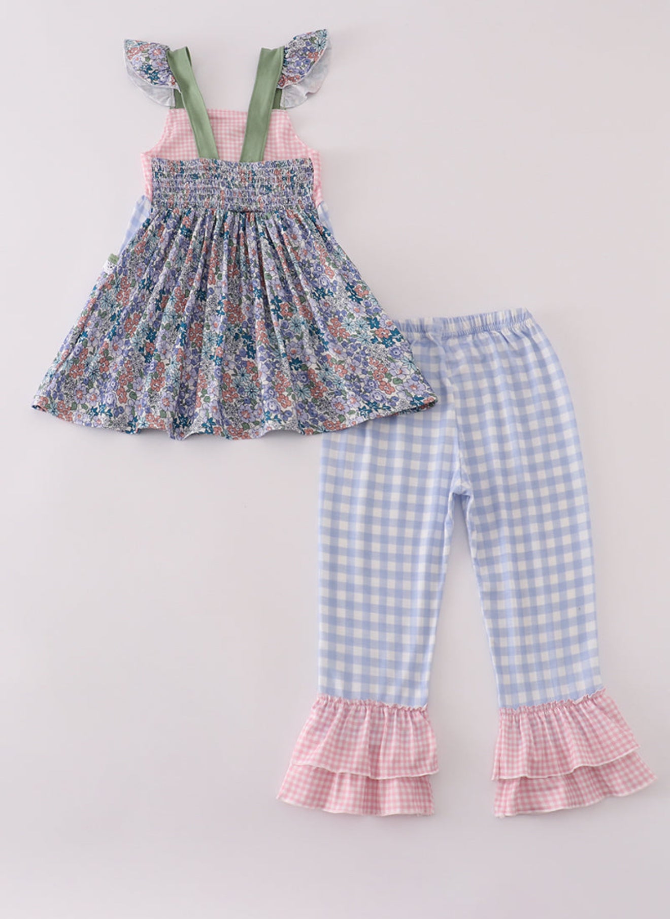Blue floral pumpkin embroidery ruffle pants set