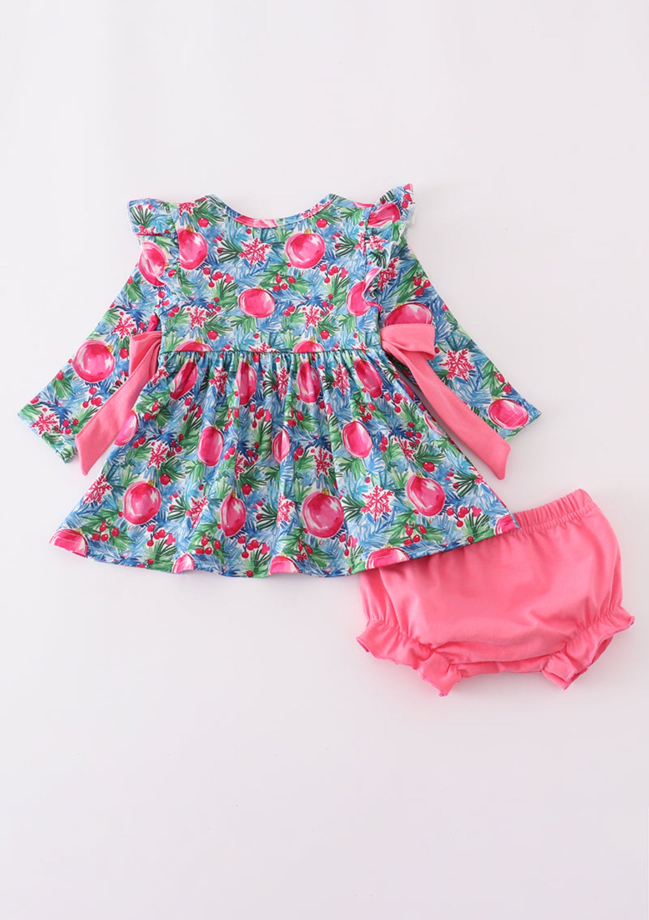 Blue christmas tree smocked ruffle bloomer set