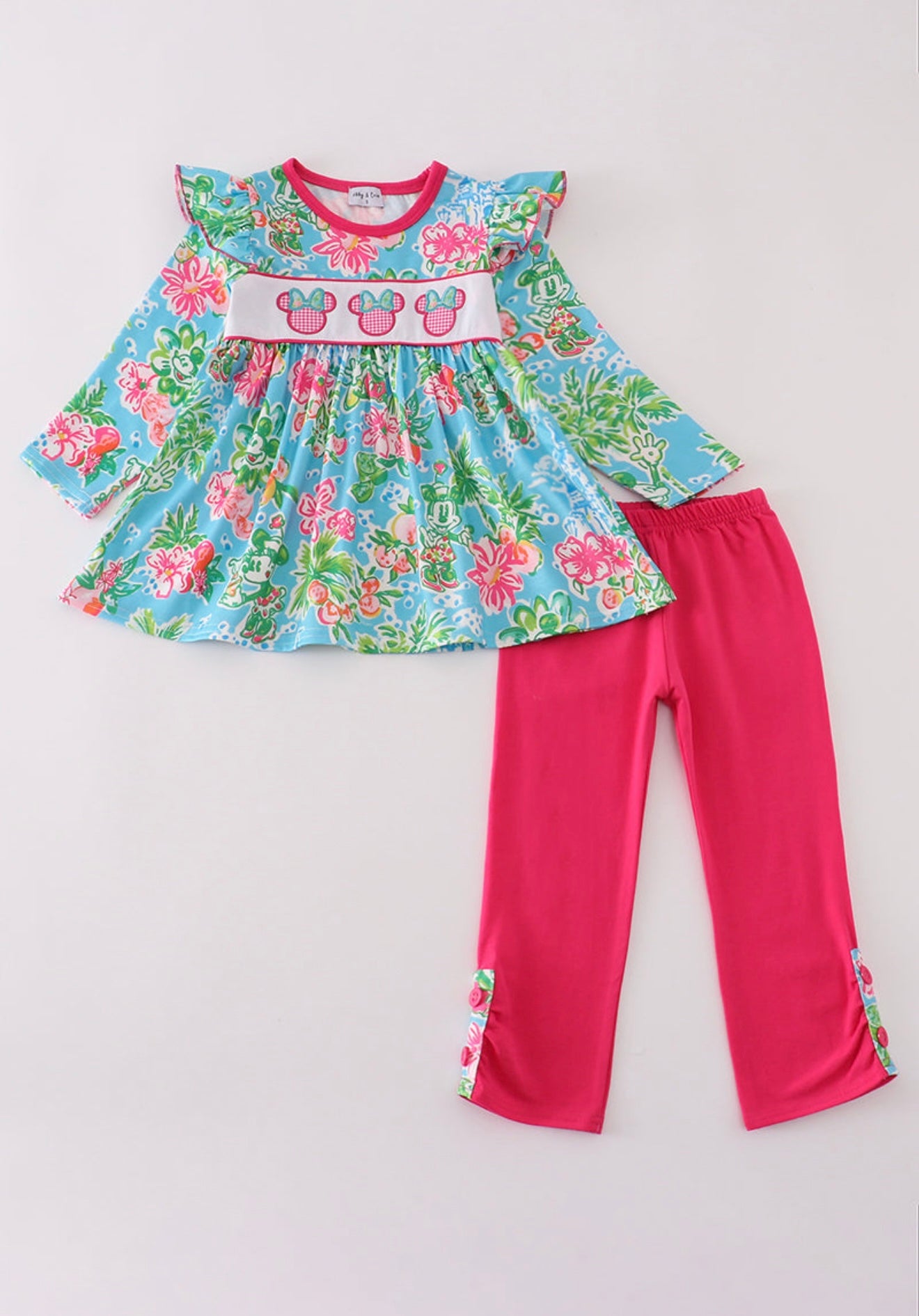 Green floral character applique pants set