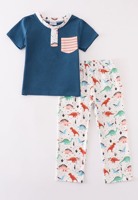 Navy dinosaur print boy set