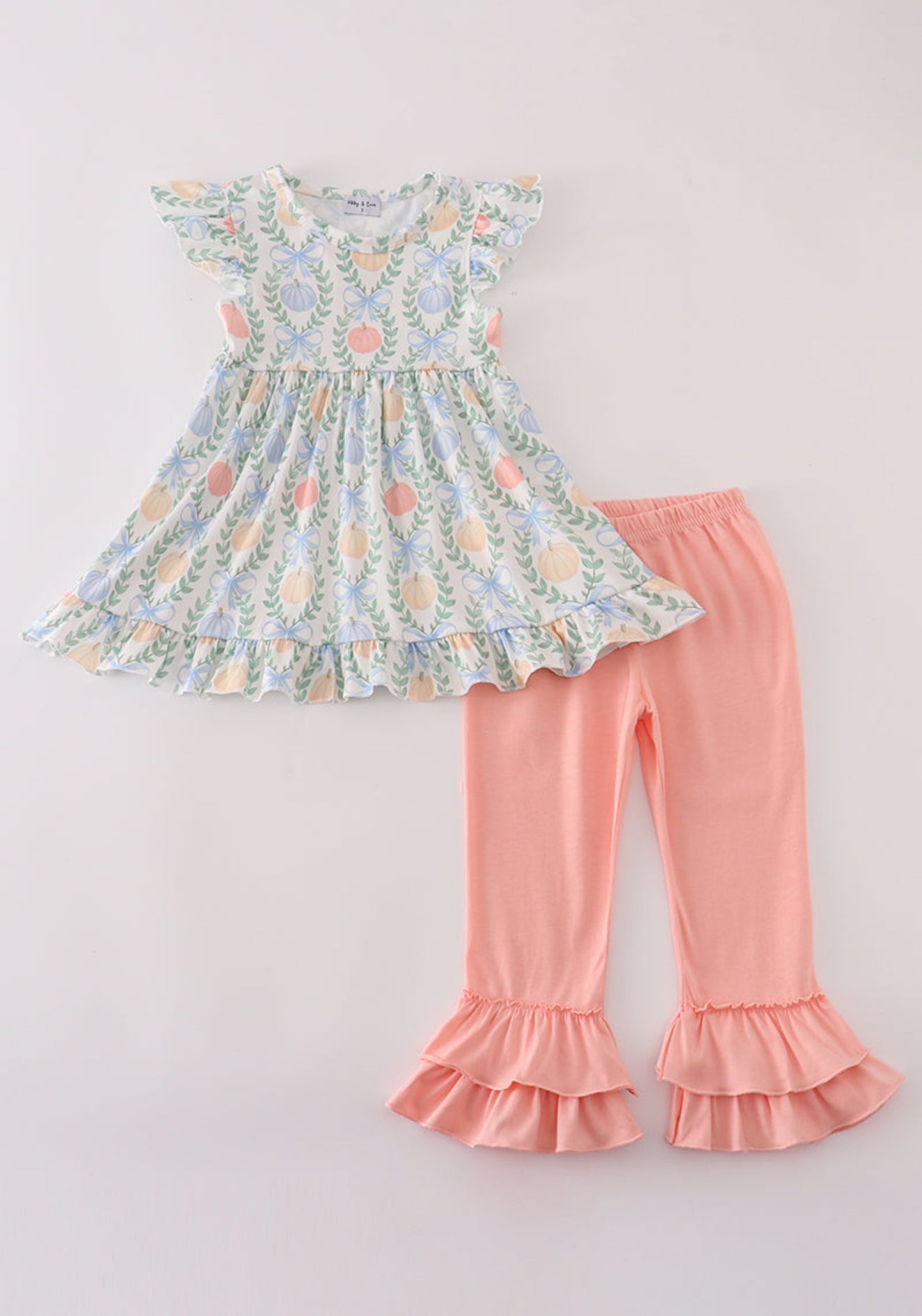 Green bow print ruffle pants set