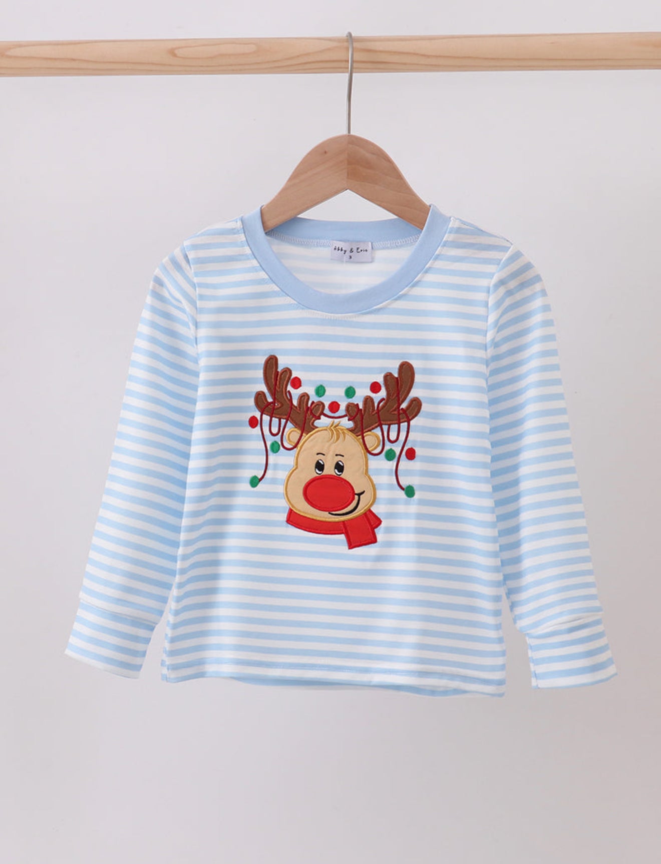 Blue stripe reindeer applique top