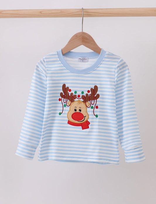 Blue stripe reindeer applique top