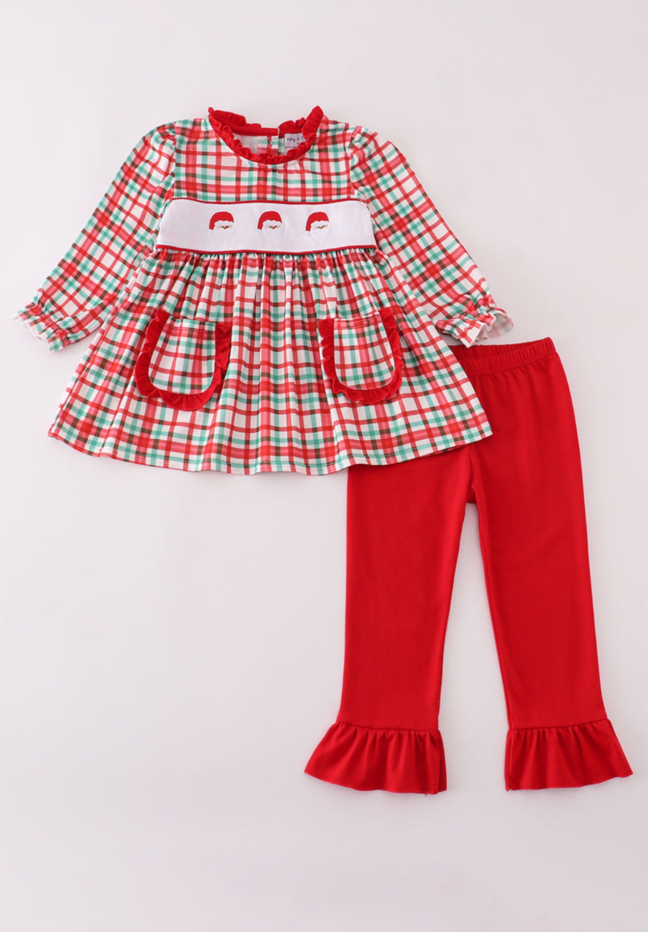 Red santa claus embroidery plaid ruffle pants set