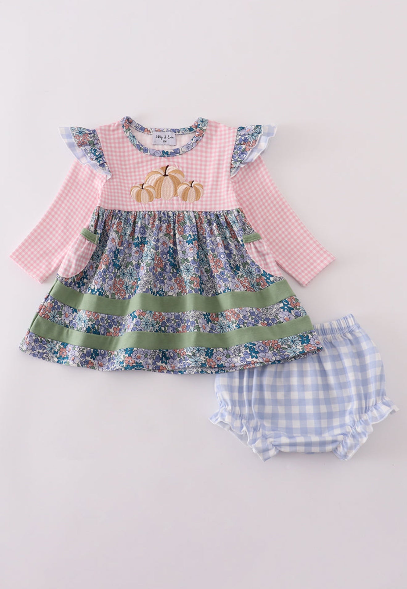 Blue floral pumpkin embroidery ruffle bloomer set