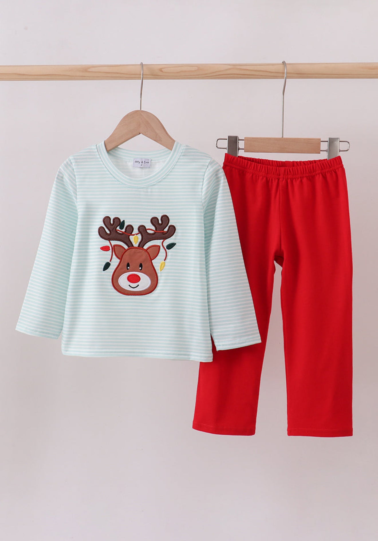 Blue reindeer applique stripe pants set