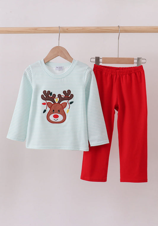 Blue reindeer applique stripe pants set