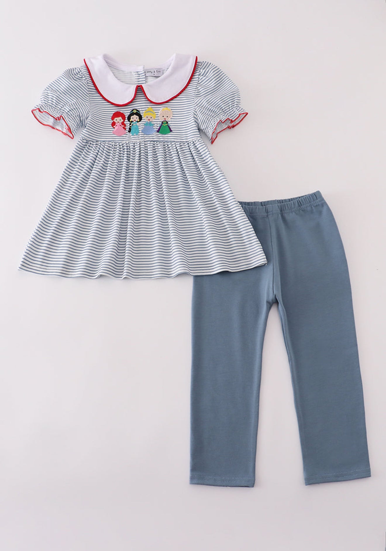 Blue princess embroidery stripe pants set