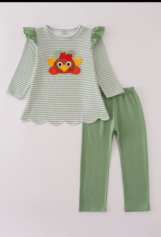 Green turkey french knot stripe pants set