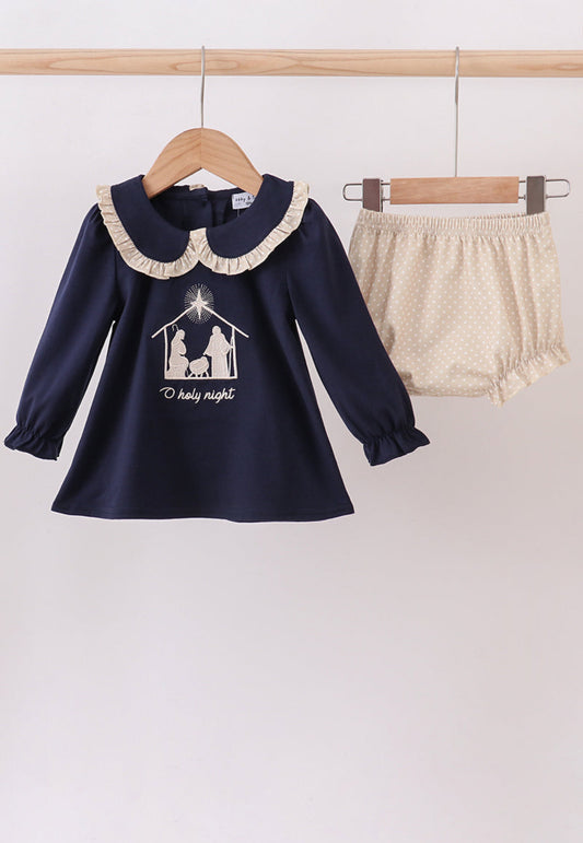 Navy nativity embroidery bloomer set