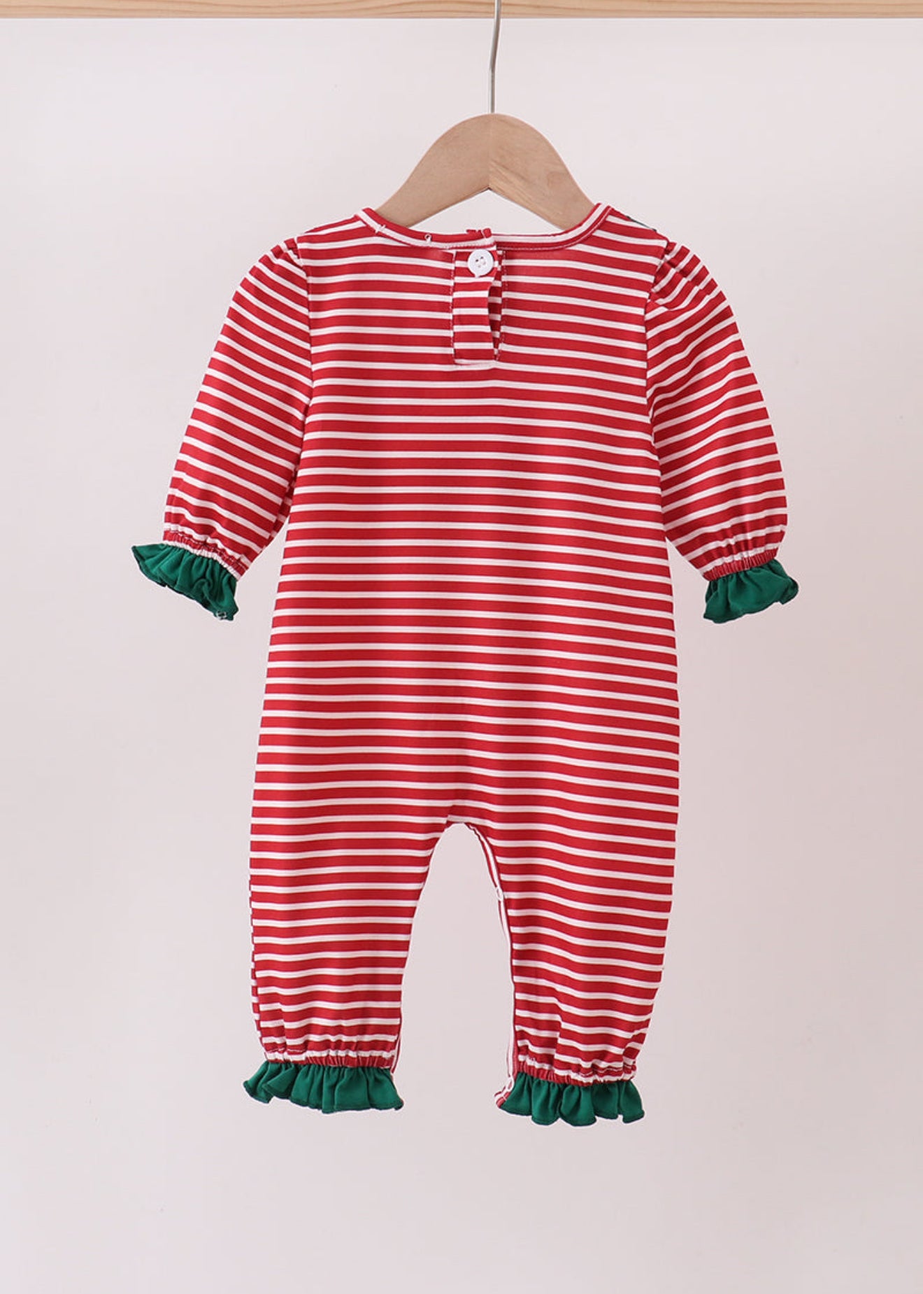 Red stripe santa milk biscuit french knot ruffle romper