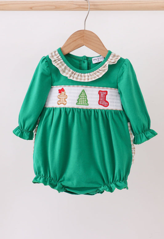 Green gingerbread smocked ruffle bubble
