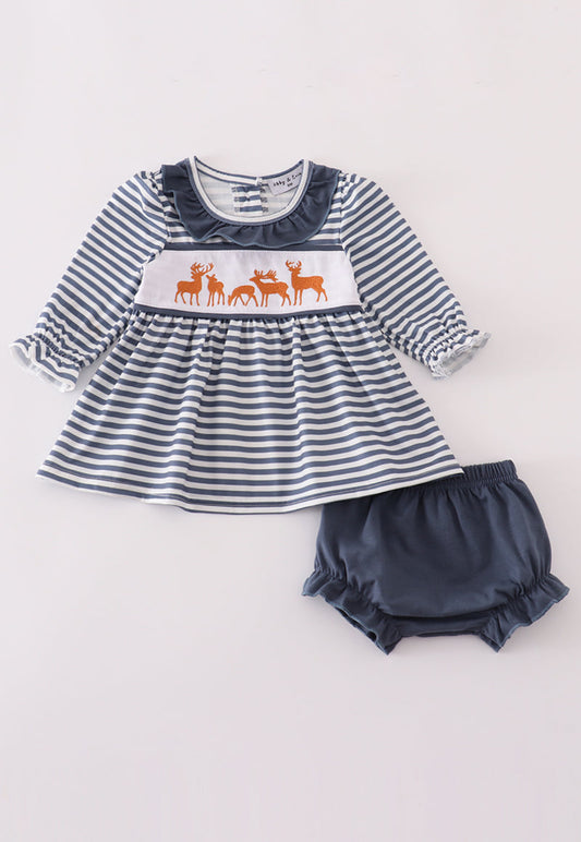 Navy stripe deer embroidery bloomer set