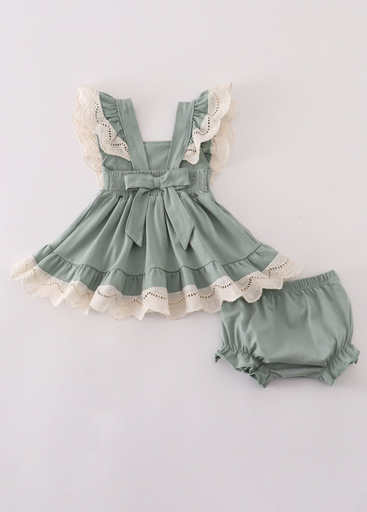 Sage lace ruffle bloomer set