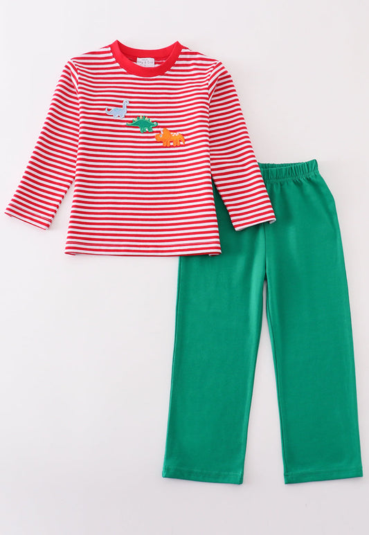 Premium red stripe dinosaur applique boy set