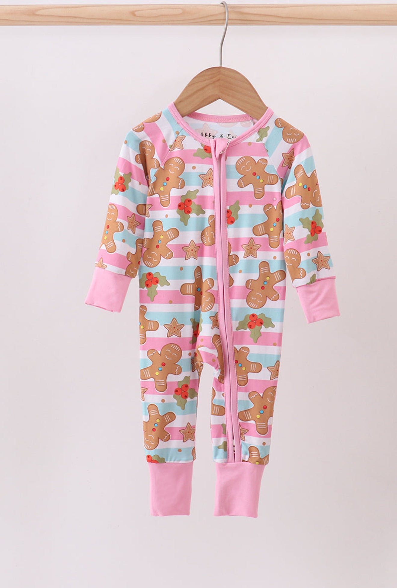 Pink christmas gingerbread bamboo pajamas zipper romper